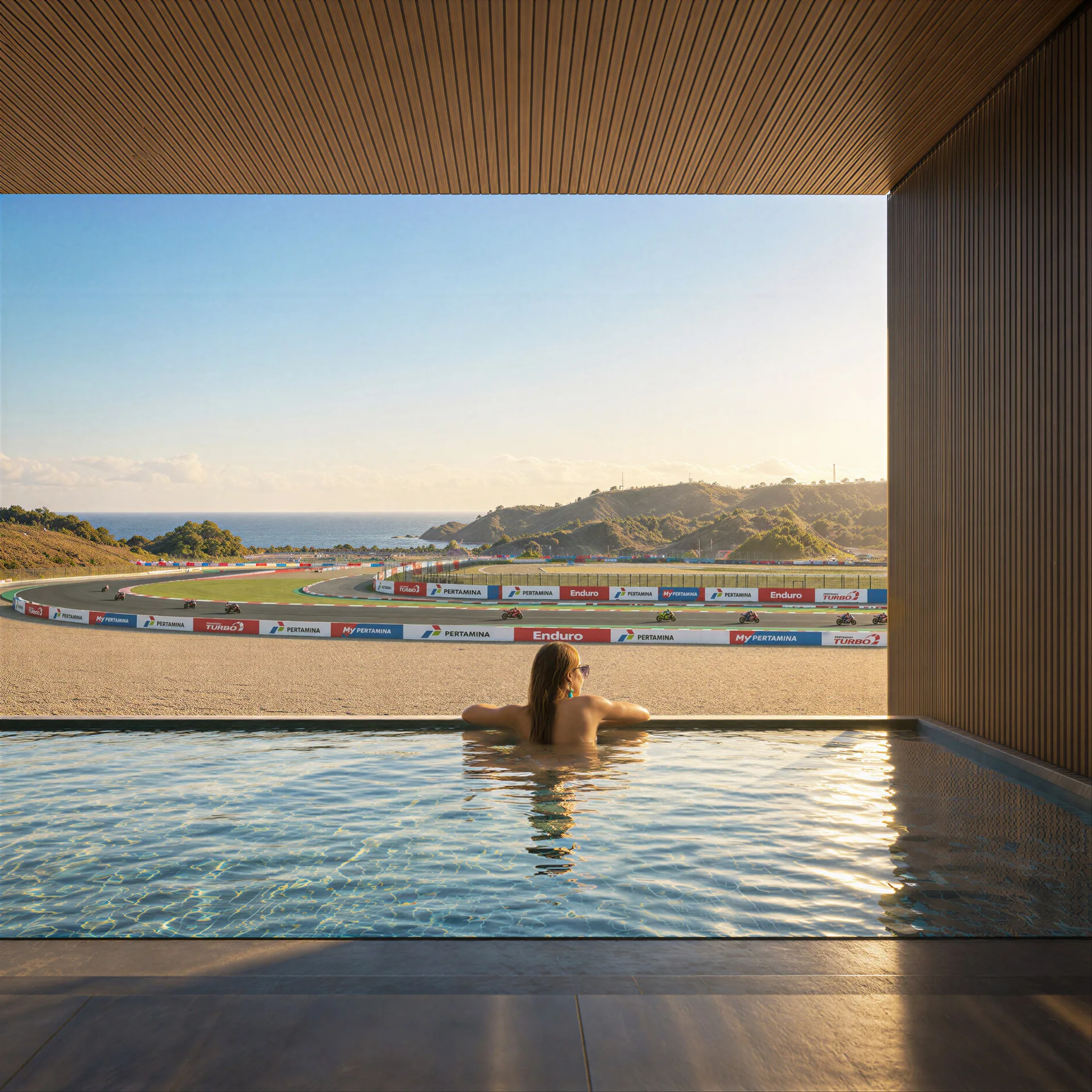 Poolside view overlooking the Mandalika circuit and surrounding landscape